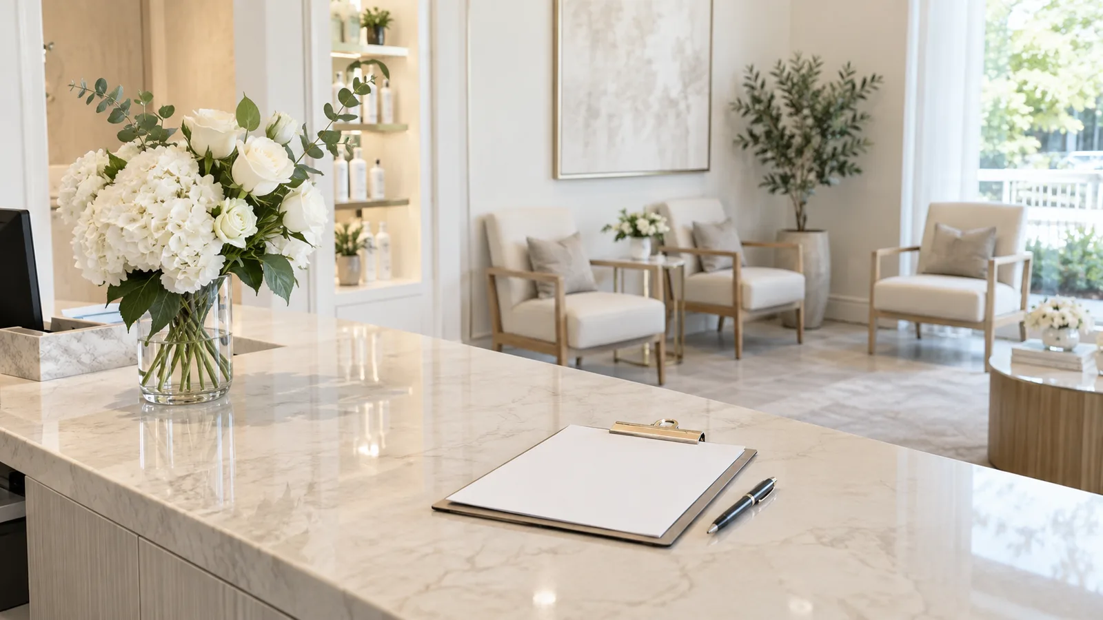 Marble reception counter with a clipboard, pen and white flowers, facing a bright waiting area with cream armchairs.