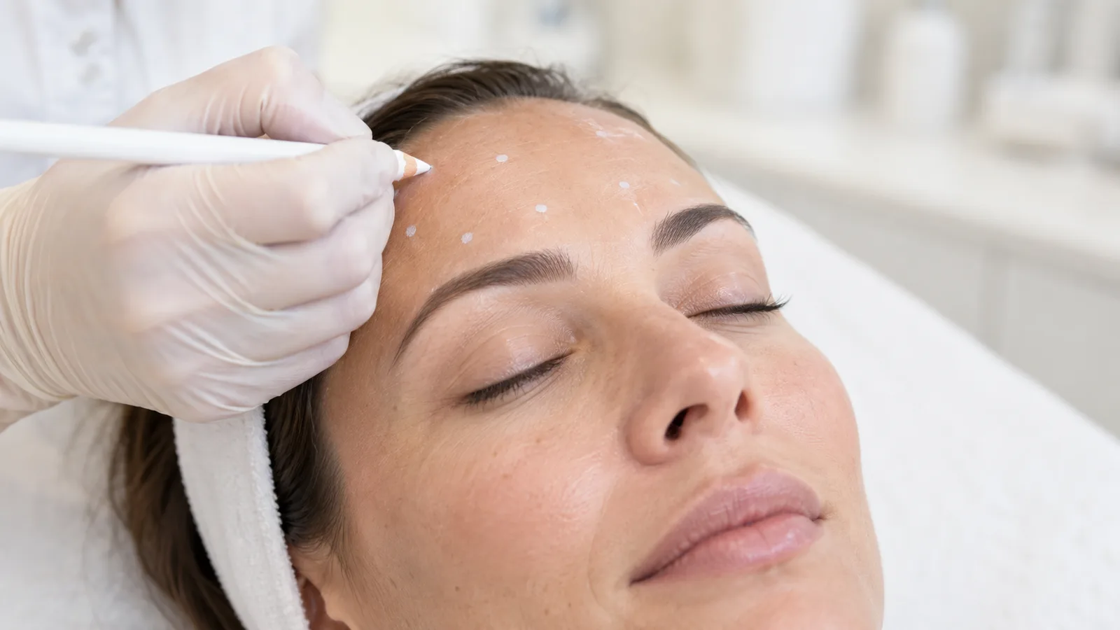 A gloved hand marks white dots on a woman's forehead with a pencil as she lies back with eyes closed.