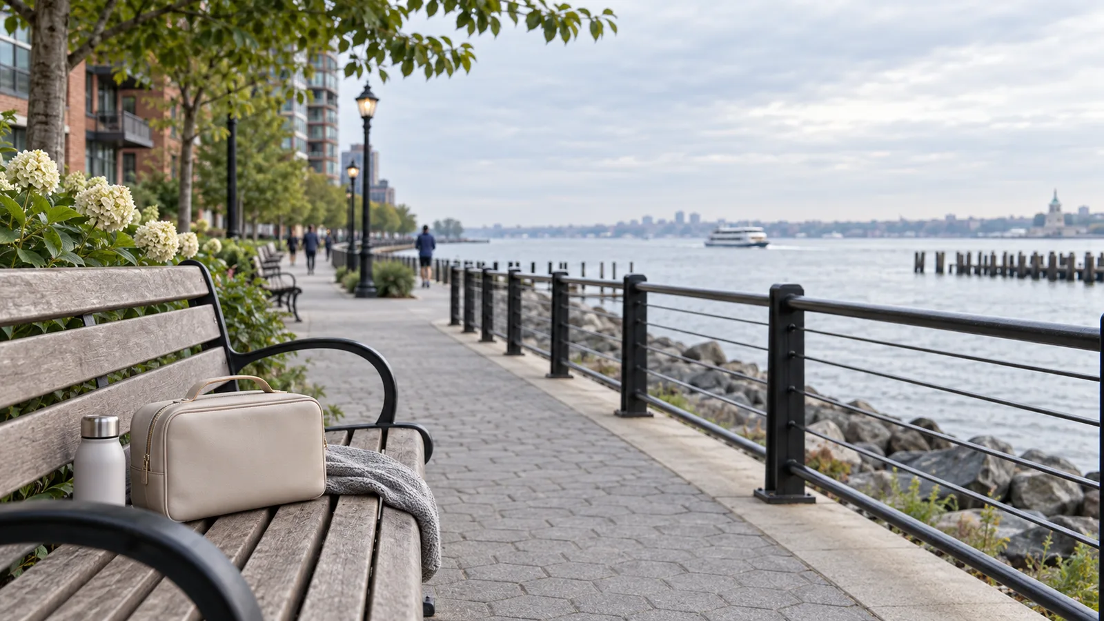 A bag, water bottle and gray scarf rest on a bench along a riverside walkway, with a ferry and city skyline beyond.