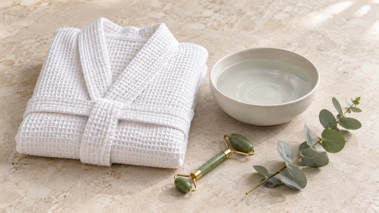 Folded white waffle robe beside a bowl of water, a green facial roller and a eucalyptus sprig on pale stone.