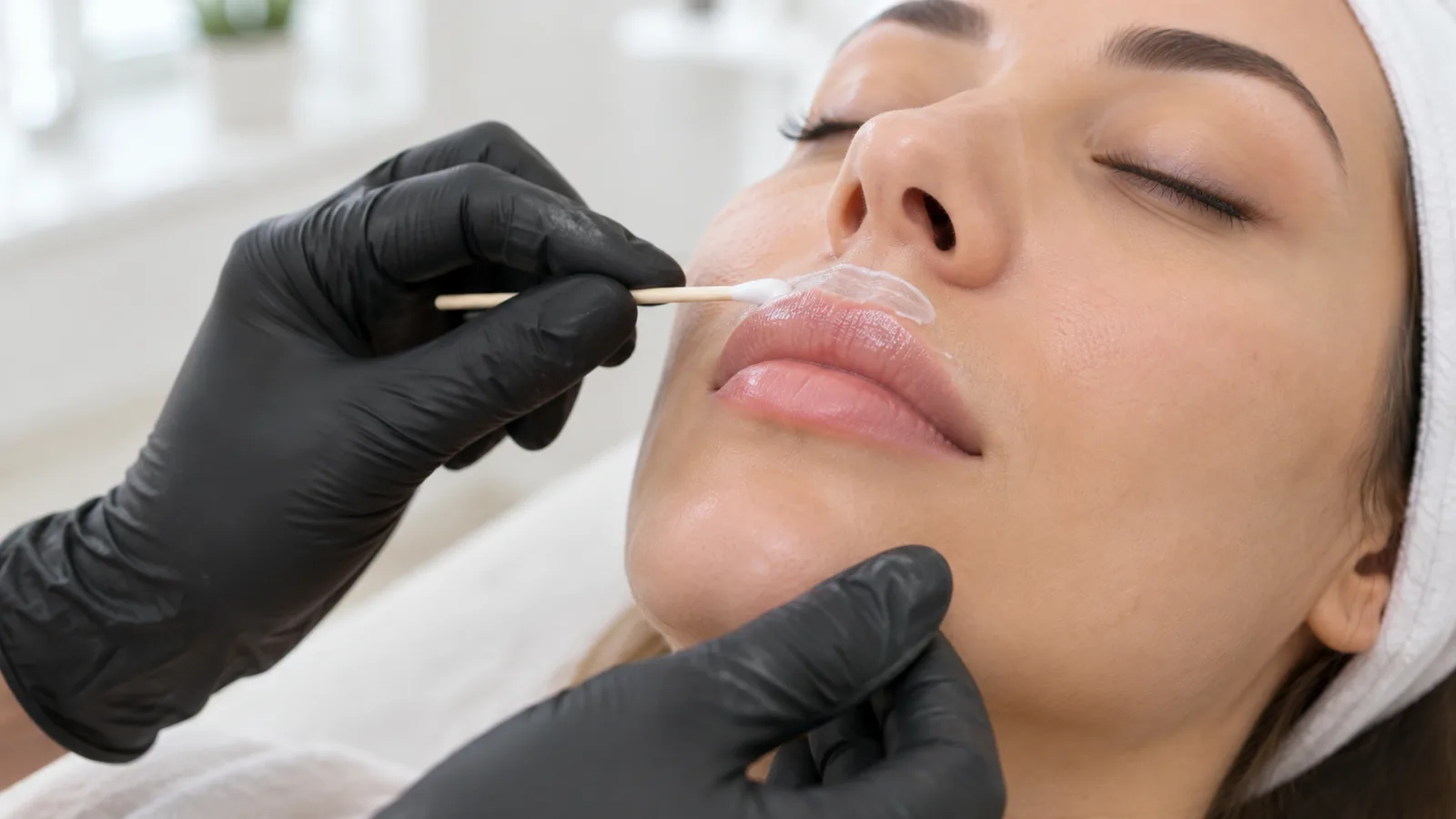A practitioner in black gloves dabs numbing cream onto the upper lip of a reclining woman with a cotton swab.