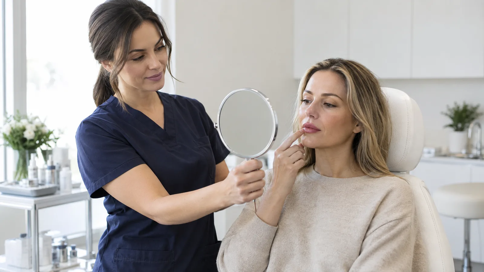 A practitioner in navy scrubs holds up a round hand mirror as a seated woman touches her lips and studies them.