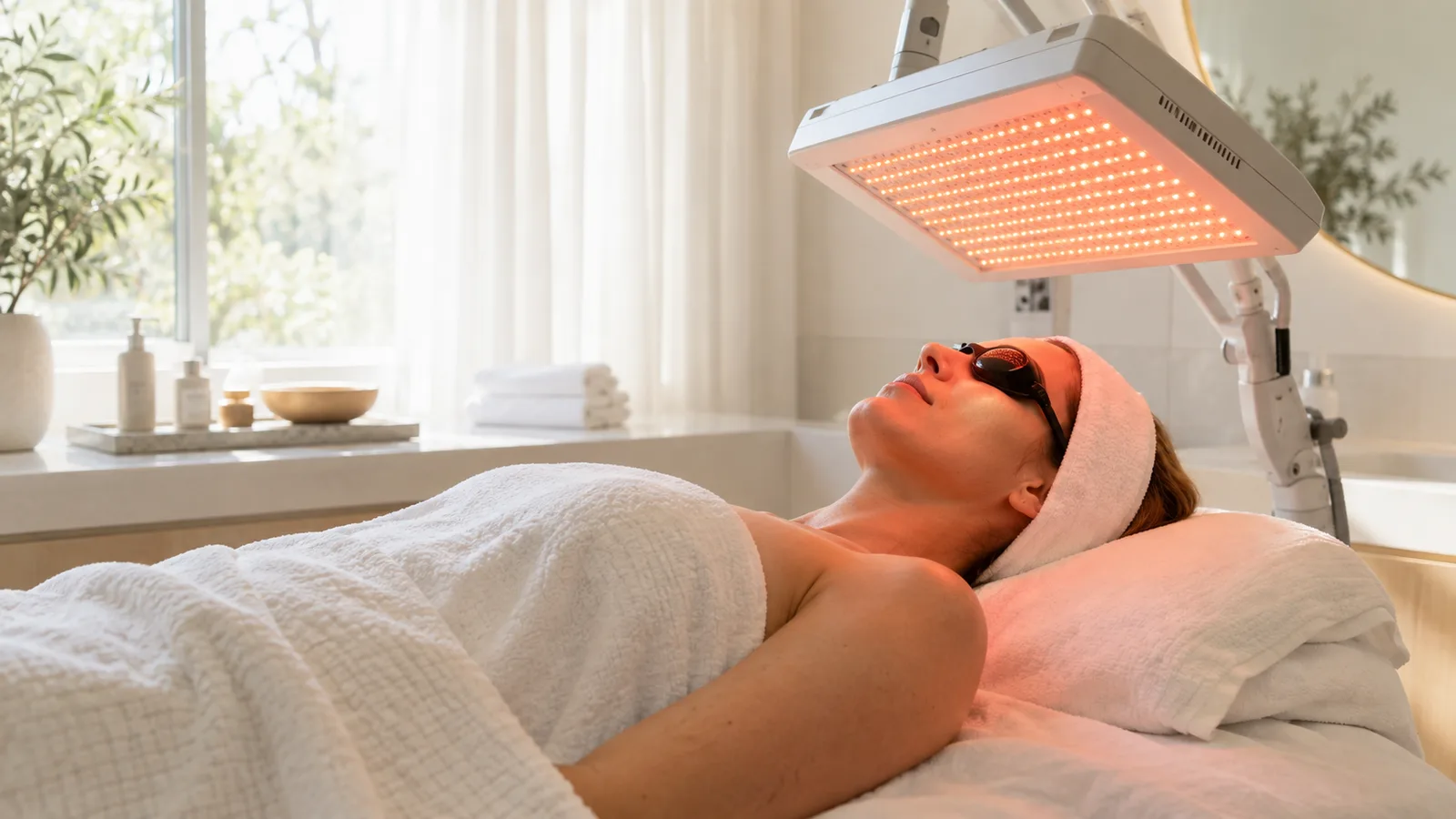 A woman wearing protective goggles and a towel headband lies beneath a glowing red LED light panel.